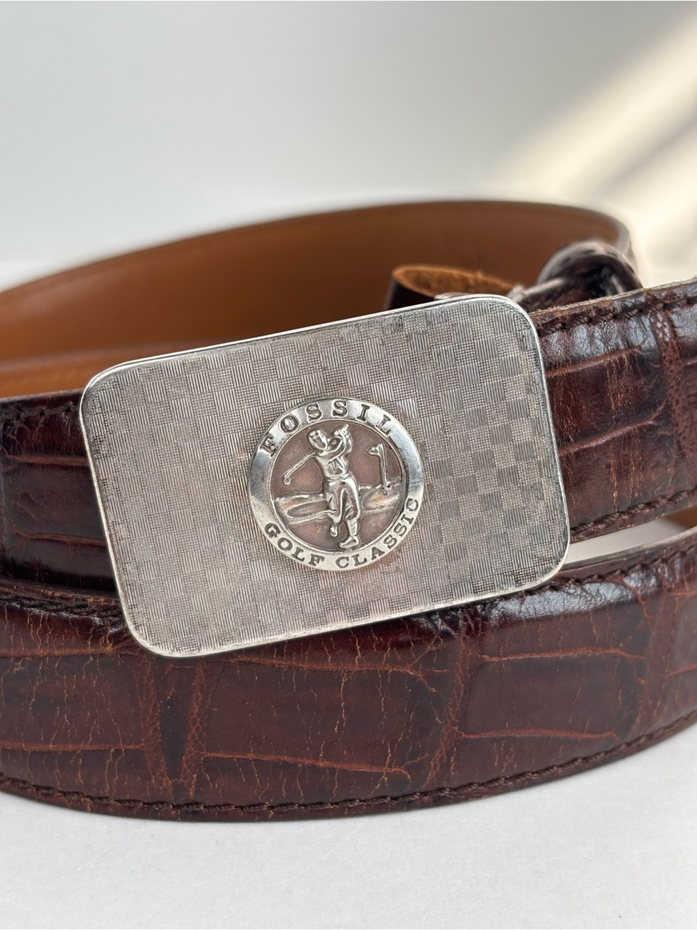 Vintage Fossil Brown Leather Belt with Silver Golf Classic Buckle Size 32 |‎ 80
